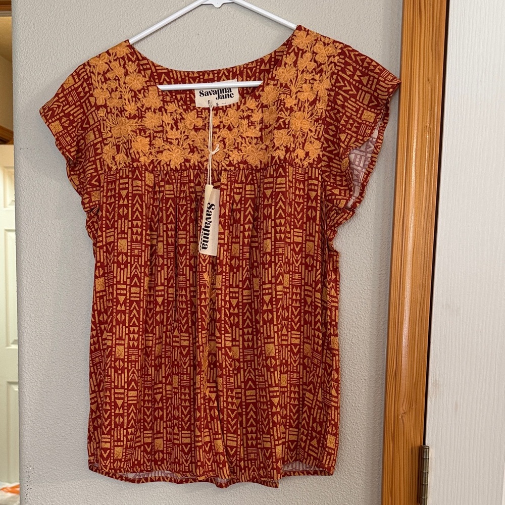 Savanna Jane Rust and Mustard Geometric Blouse